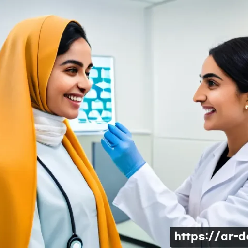 레진 충전과 인레이 차이점 - **Prompt:** A warm and professional dental consultation in a modern Arabic clinic. A female dentist,...