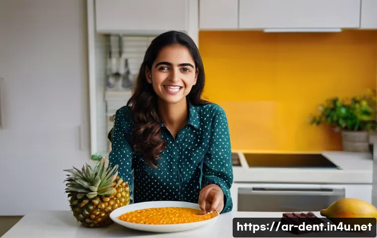 치아 교정 전후 음식 섭취 팁 - **A young Arab woman preparing for braces:** A vibrant, well-lit kitchen. A young woman, approximate...