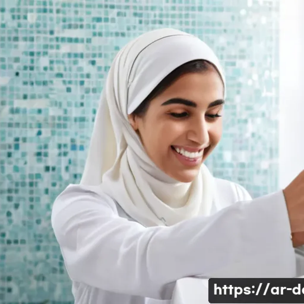 교정용 투명 장치 유지 관리 방법 - **Prompt:** A young, elegantly dressed Arab woman in her mid-20s, with a warm, friendly smile and a ...