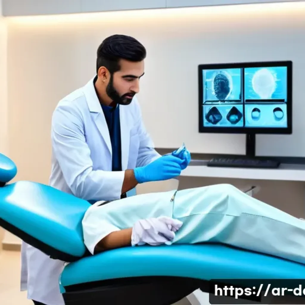 치과용 마취와 통증 완화 방법 - A modern dental clinic scene featuring an Arab male dentist in his 30s wearing a white lab coat and ...