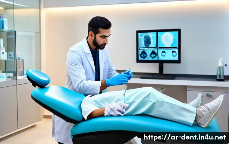 치과용 마취와 통증 완화 방법 - A modern dental clinic scene featuring an Arab male dentist in his 30s wearing a white lab coat and ...