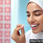 잇몸 질환 예방을 위한 치실 사용법 - A detailed close-up illustration of an adult Middle Eastern woman carefully flossing her teeth using...