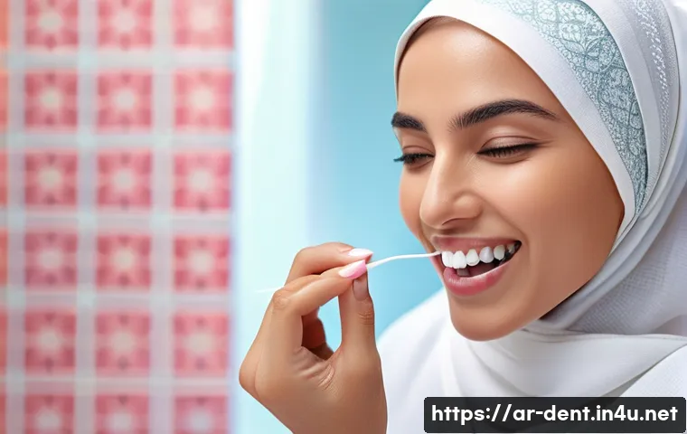 잇몸 질환 예방을 위한 치실 사용법 - A detailed close-up illustration of an adult Middle Eastern woman carefully flossing her teeth using...