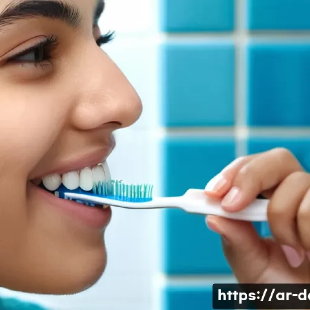 교정 중 이물질 제거 방법 - A detailed close-up of an Arabic young adult woman gently cleaning her orthodontic braces with a sof...
