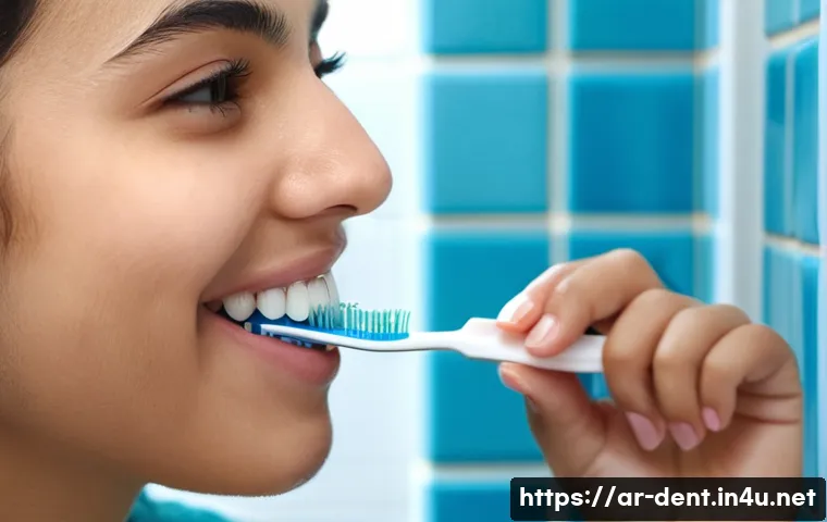 교정 중 이물질 제거 방법 - A detailed close-up of an Arabic young adult woman gently cleaning her orthodontic braces with a sof...