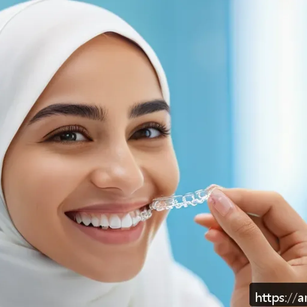 치아 교정 후 치열 유지 방법 - A detailed close-up image of a smiling young Middle Eastern woman wearing a clear, removable orthodo...