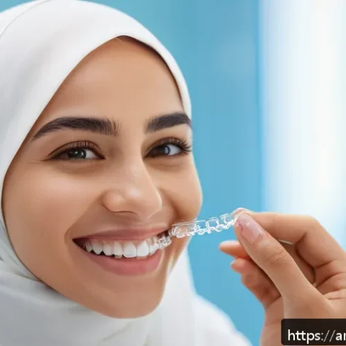 치아 교정 후 치열 유지 방법 - A detailed close-up image of a smiling young Middle Eastern woman wearing a clear, removable orthodo...