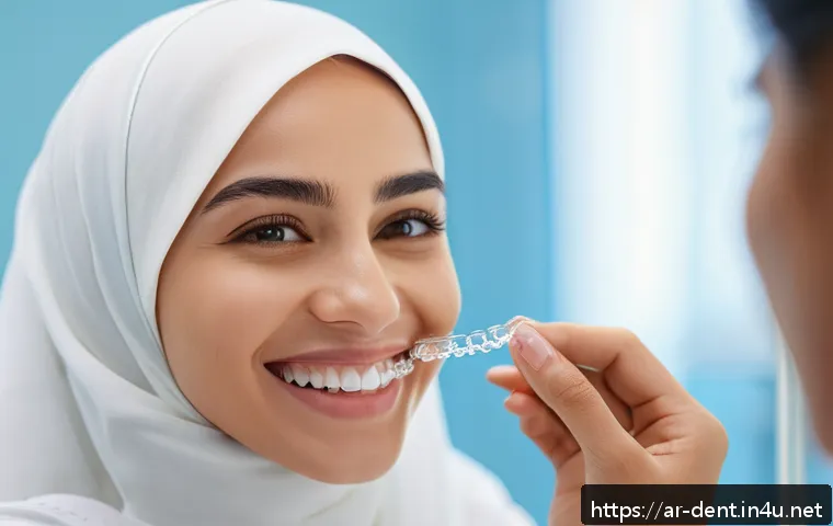 치아 교정 후 치열 유지 방법 - A detailed close-up image of a smiling young Middle Eastern woman wearing a clear, removable orthodo...