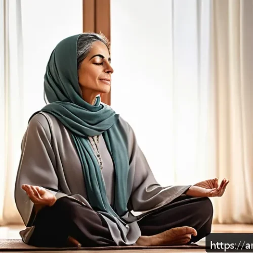 턱관절 통증 완화를 위한 운동 - A serene middle-aged Arab woman practicing deep breathing exercises in a quiet, softly lit room with...