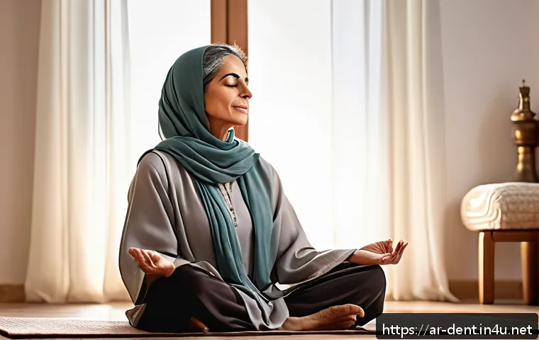 턱관절 통증 완화를 위한 운동 - A serene middle-aged Arab woman practicing deep breathing exercises in a quiet, softly lit room with...