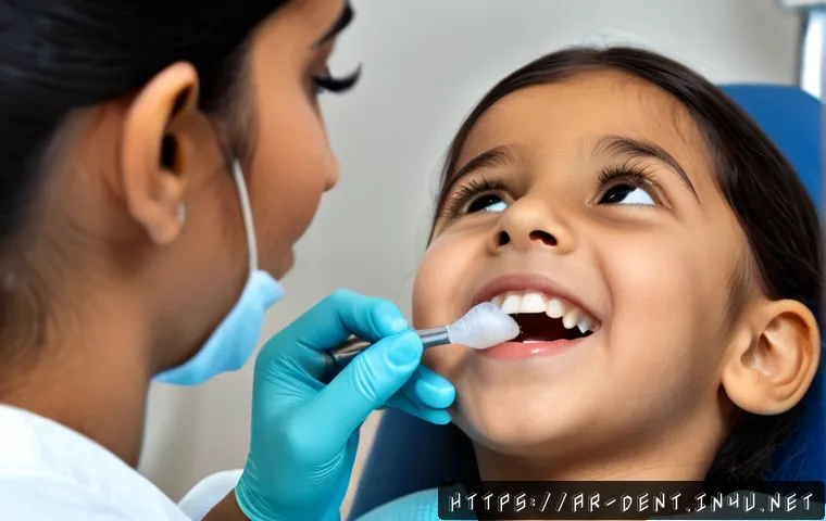 치아 홈 메우기와 불소도포 차이 - Photorealistic pediatric dental clinic scene, an Arab female dentist in modest professional attire c...