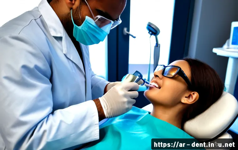 치과용 레이저 치료와 효과 - Photorealistic modern dental clinic, Arab male dentist in clean white coat and protective eyewear ca...