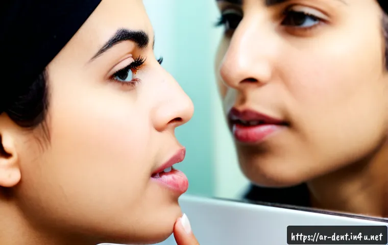 치주염 초기 증상과 예방 방법 - Photorealistic close-up of an Arab adult gently examining slightly red, swollen gums in a bathroom m...